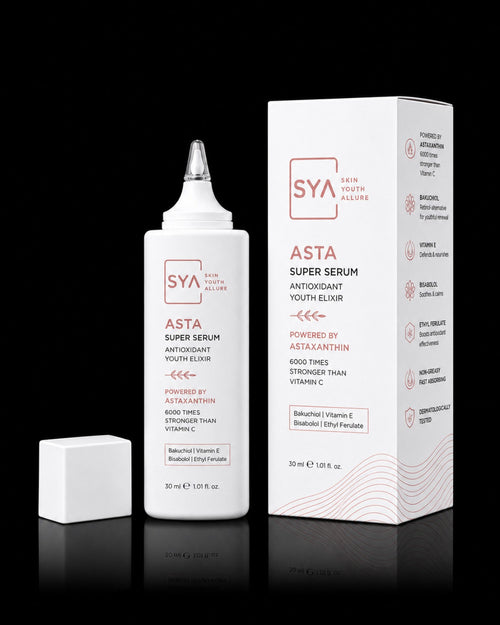 SYA Asta Super Serum 30 ml with pure white bottle and carton on black background