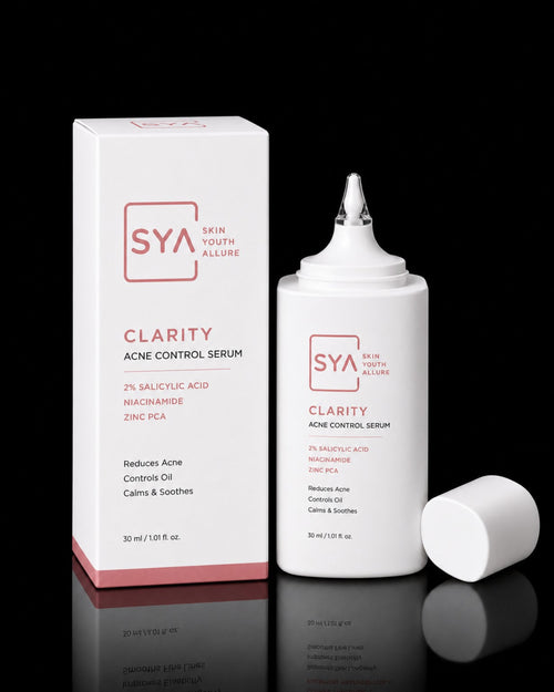 SYA Clarity Acne Control Serum 30 ml with pure white bottle and carton on black background