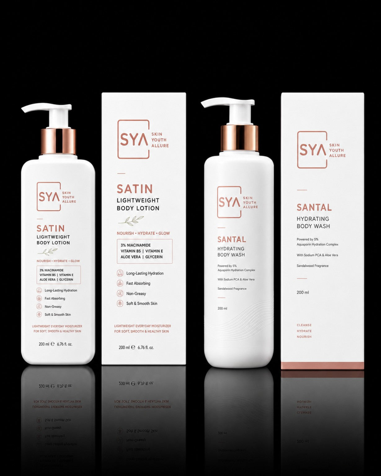 SYA Hydration Duo with Santal Hydrating Body Wash and Satin Lightweight Body Lotion on black background