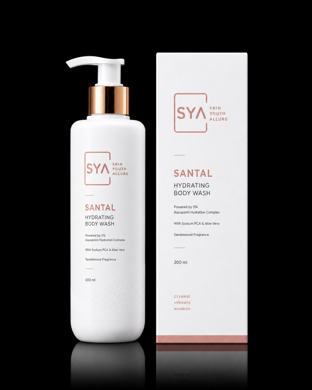 SYA Santal Hydrating Body Wash 200 ml with pure white bottle and carton on black background