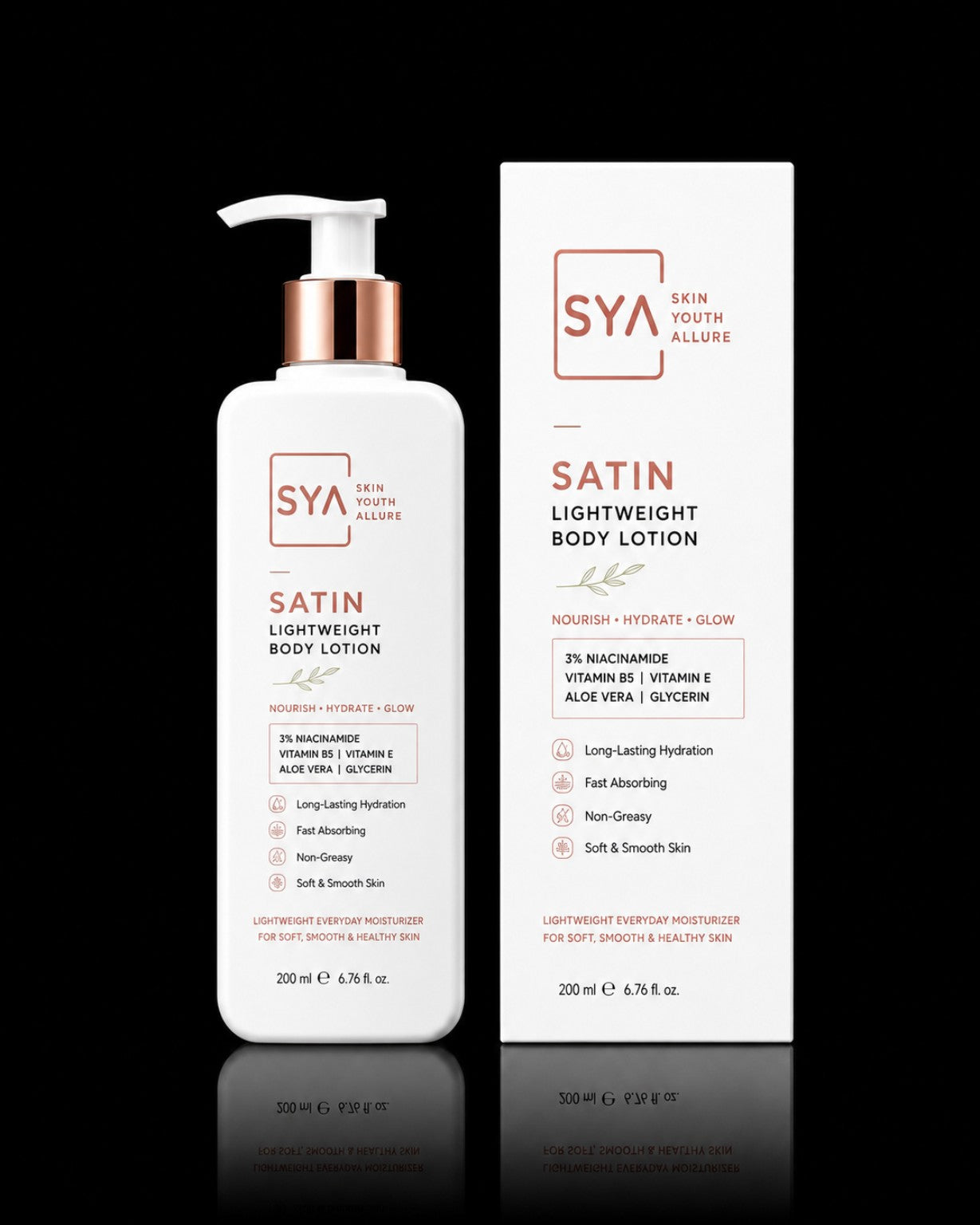 SYA Satin Lightweight Body Lotion 200 ml with pure white bottle and carton on black background